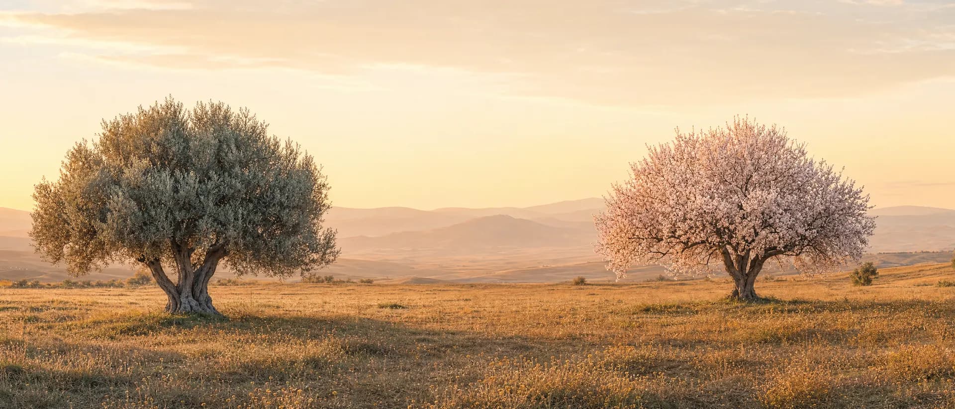 Duas árvores num campo ao nascer do sol — uma coberta de folhas, a outra em flor