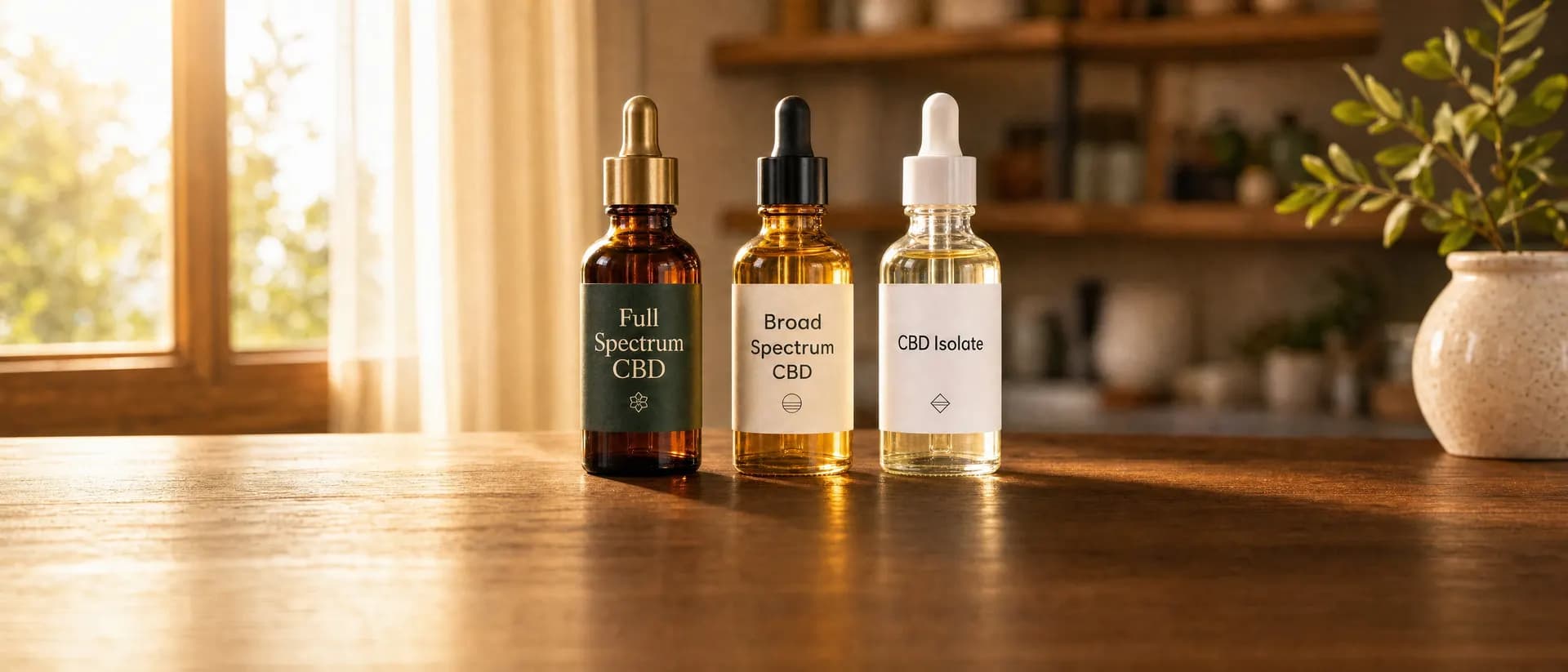Três frascos de óleo de CBD sobre uma mesa de madeira — espectro completo, espectro amplo e isolado