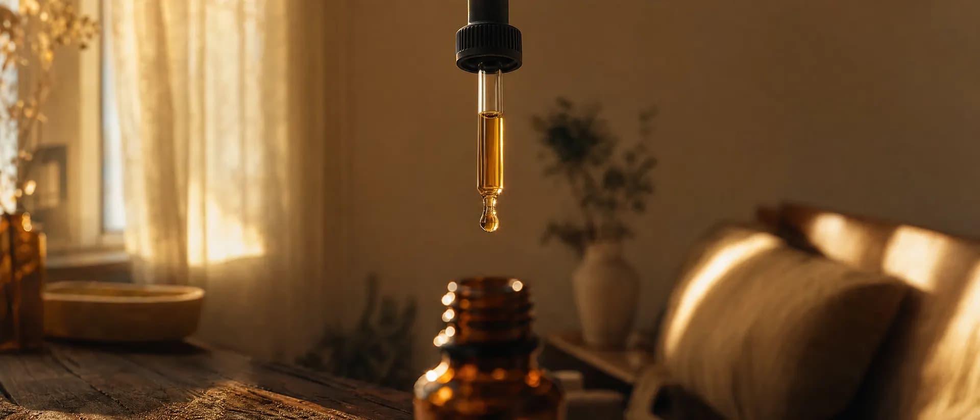 Um conta-gotas sobre um frasco de óleo de CBD numa sala iluminada pelo sol