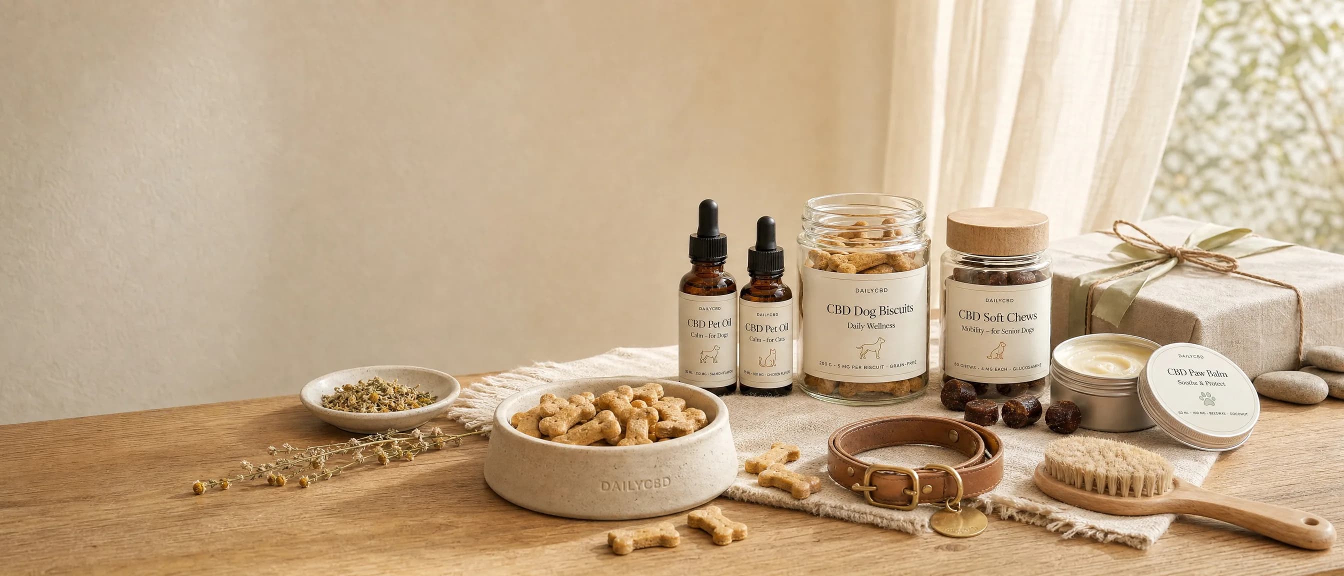 Óleo de CBD para cães com snacks e uma coleira junto a uma tigela