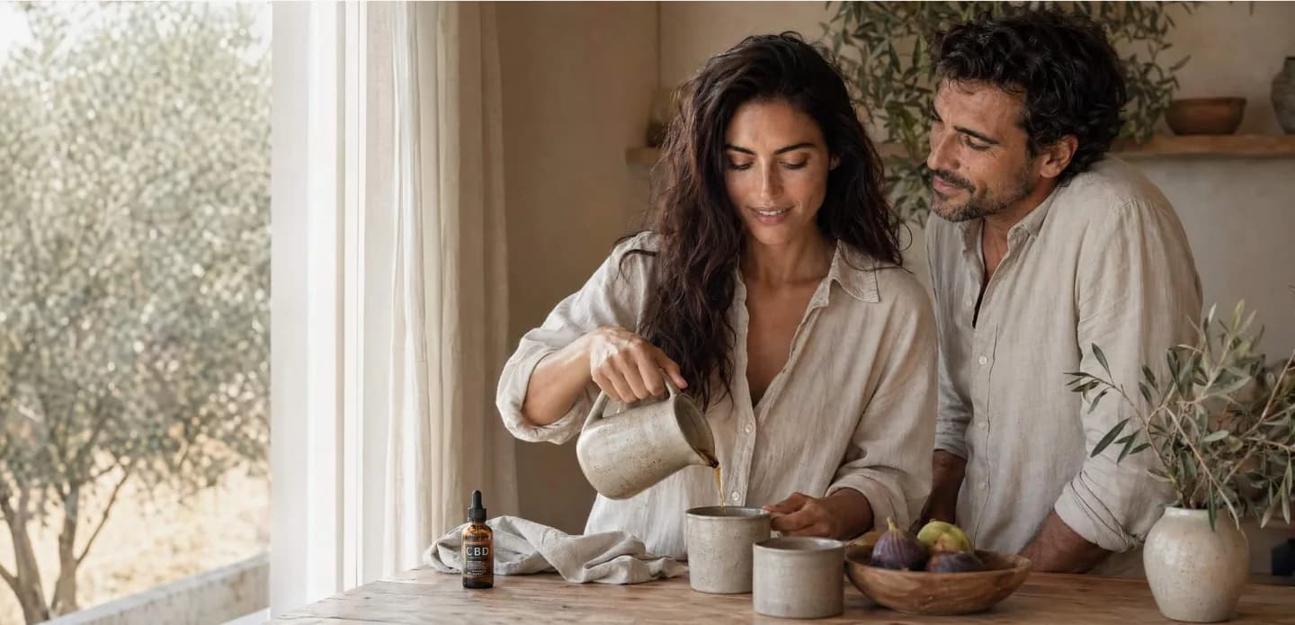 Um casal a preparar chá com óleo de CBD numa cozinha cheia de sol