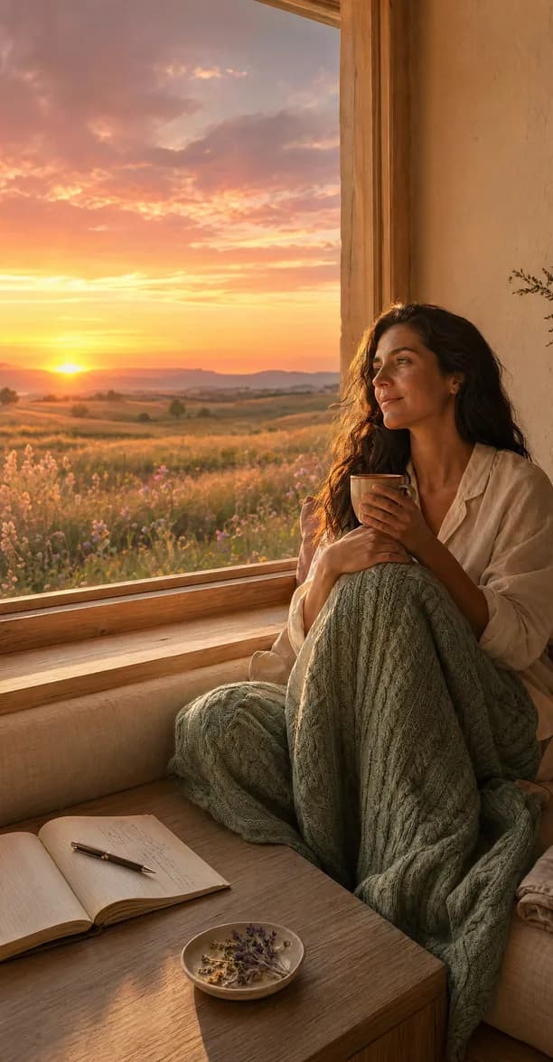 Uma mulher a ver o pôr do sol sobre um campo